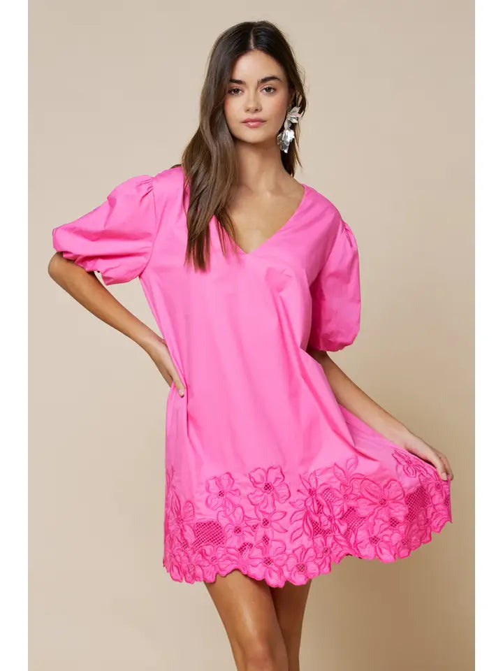 Floral Embroidery Hem V Neck Shor Puff Sleeve Mini Dress