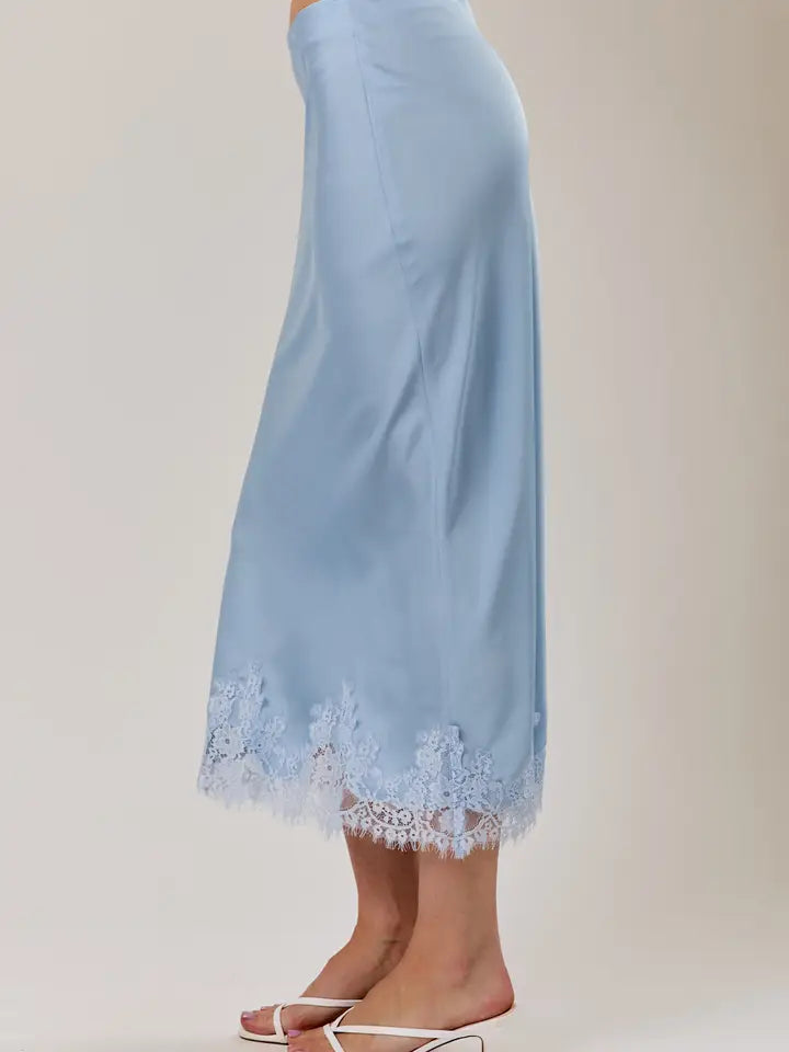Lace Applique Satin Bias Midi Skirt