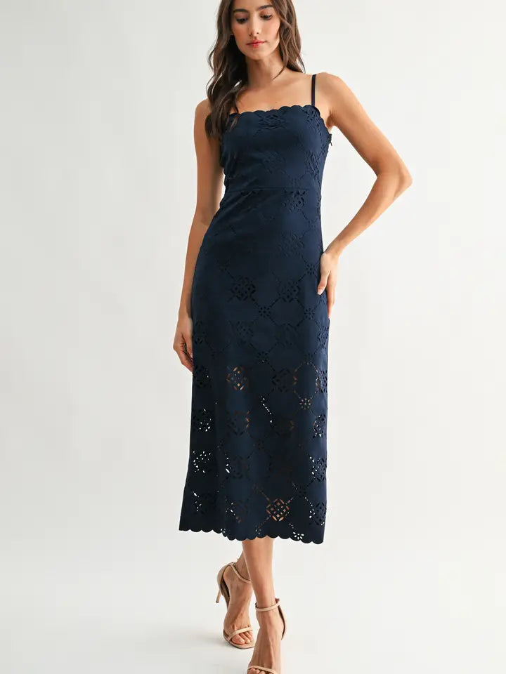 Laser-Cut Midi Dress with Scalloped