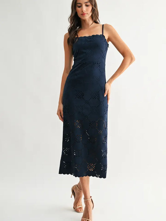 Laser-Cut Midi Dress with Scalloped