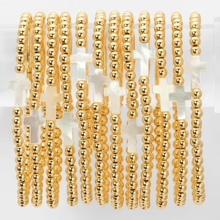 3mm Beaded Stretch Bracelet with Single Gold Cross
