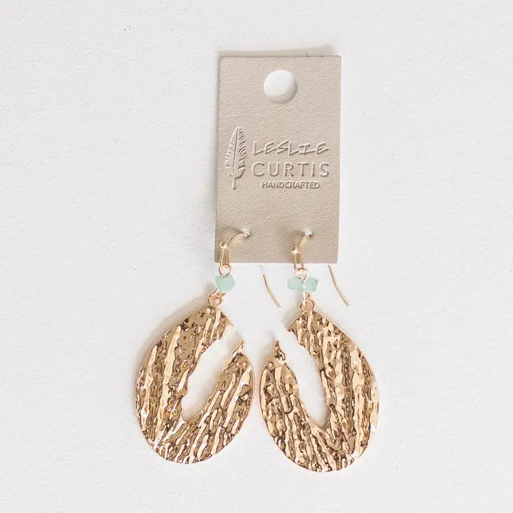 Maui - Light Blue Stone, Hammered Abstract Oval Earrings