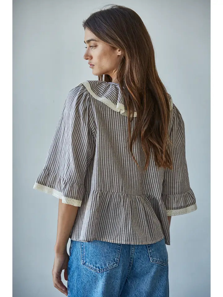 Woven Cotton Linen Striped Ruffle Top