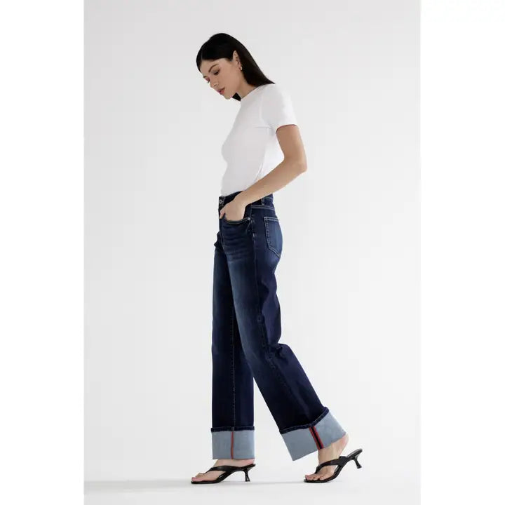 High Rise Wide Leg with Cuff Hem Dark wash