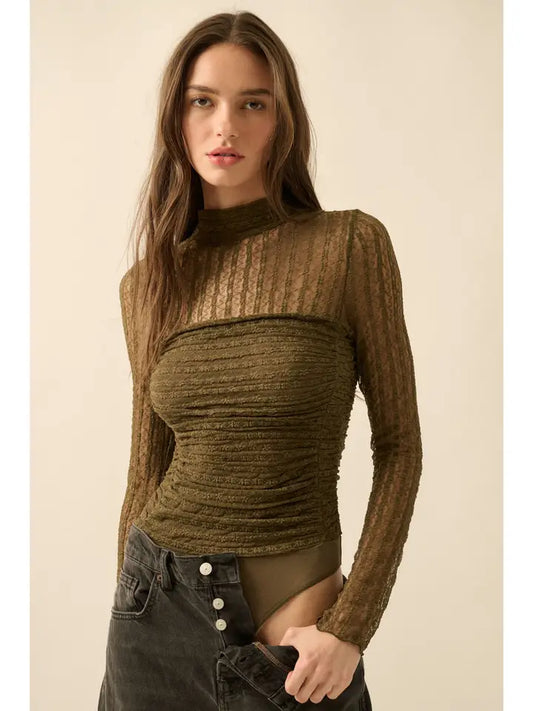 Striped Floral Lace Ruched Mock-Neck Bodysuit