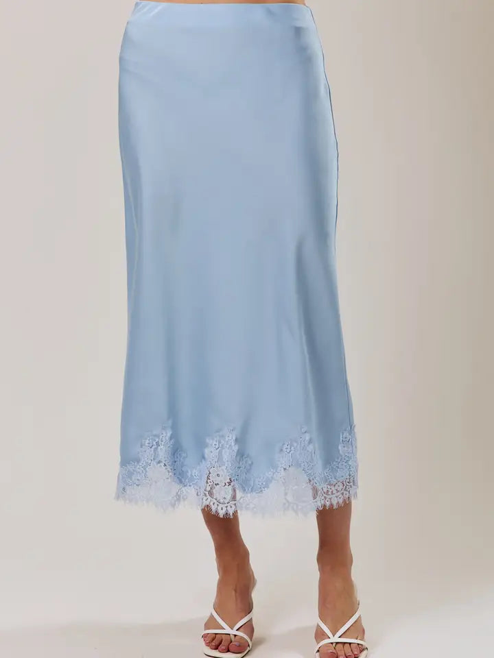 Lace Applique Satin Bias Midi Skirt