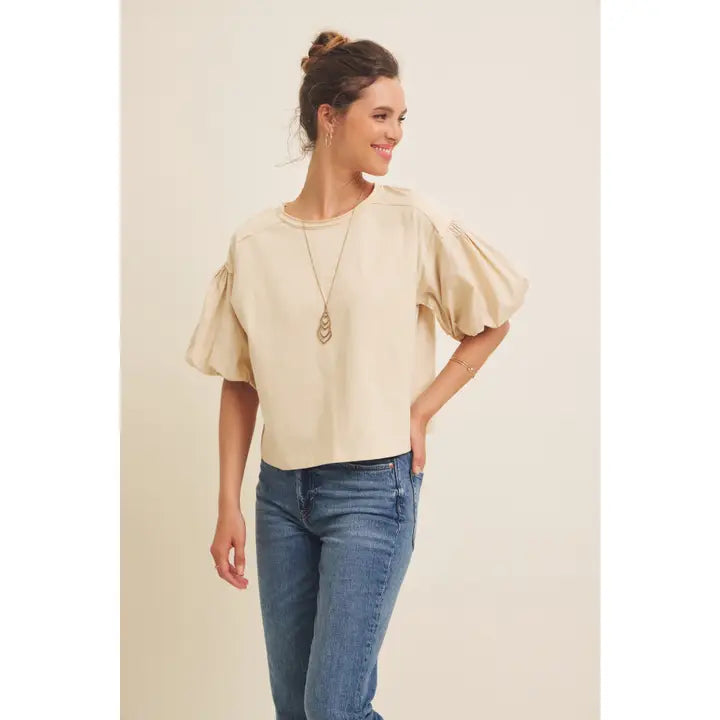 Oversized Cotton Jersey Top with Voluminous Bubble Sleeves