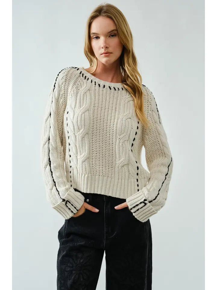 Stitched Detail Cable Sweater Pullover Top