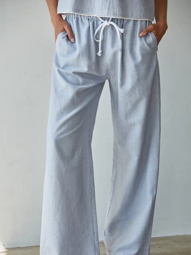 Woven Cotton Linen Striped Wide Leg Pants
