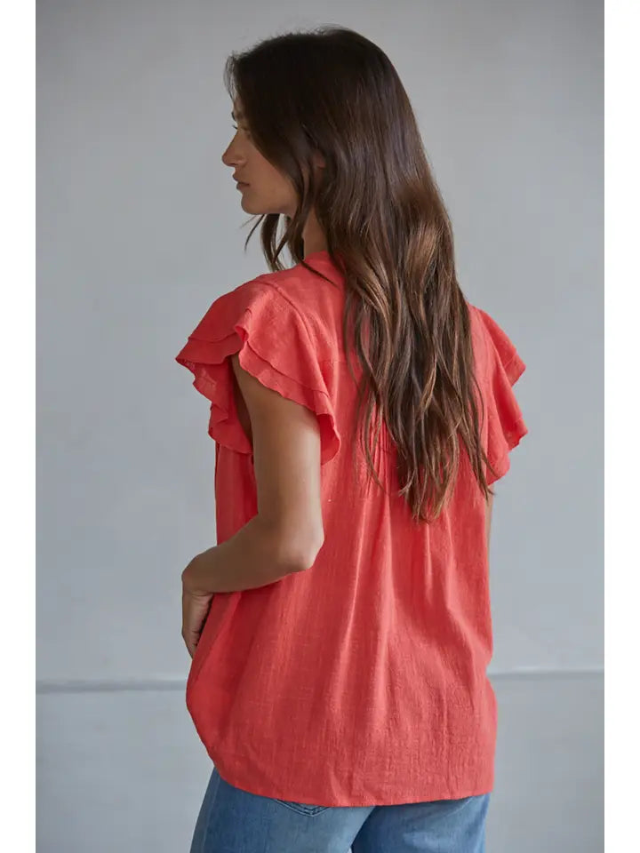 Woven Cotton Linen Button V-Neck Short Sleeve Top