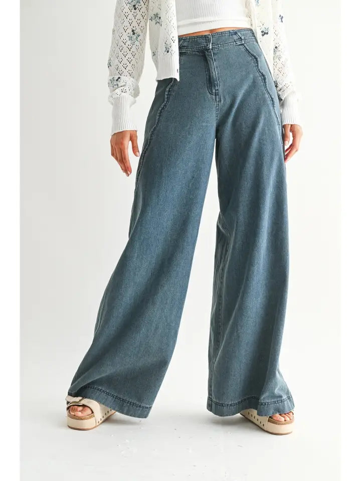 Wide-Leg Stretchy Denim Trousers