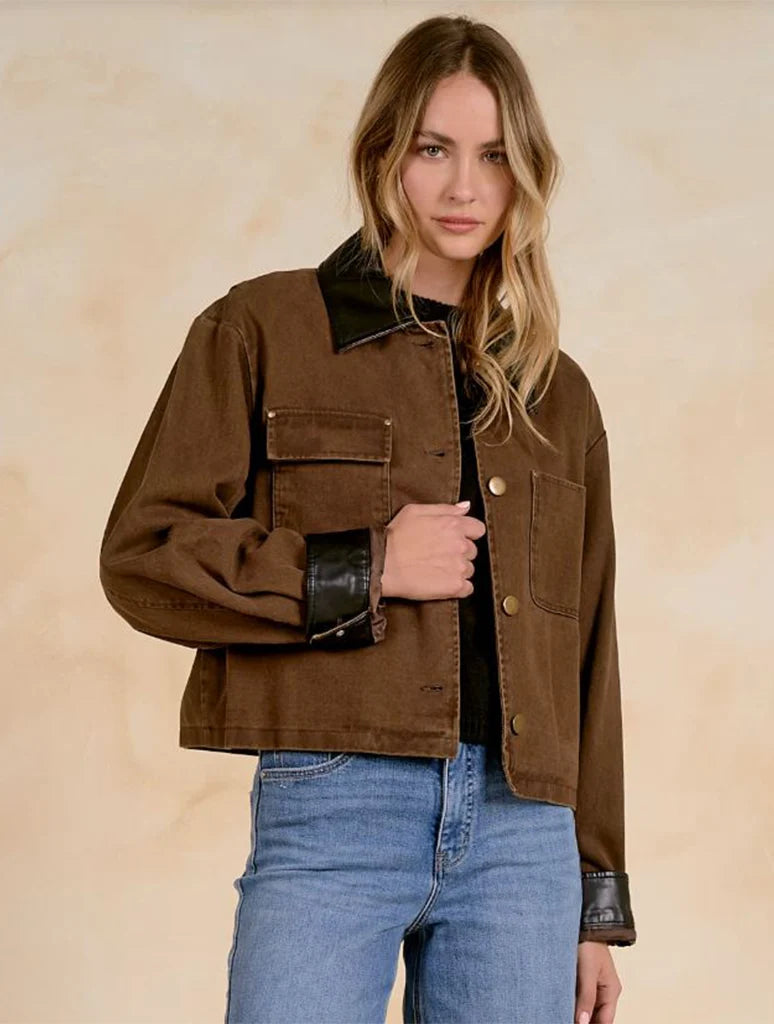 Jacket with Leather Trim Collar and Sleeves