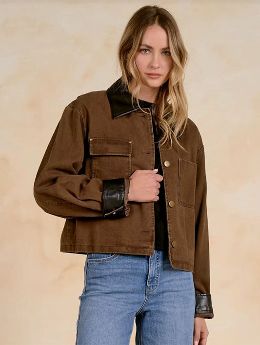 Jacket with Leather Trim Collar and Sleeves