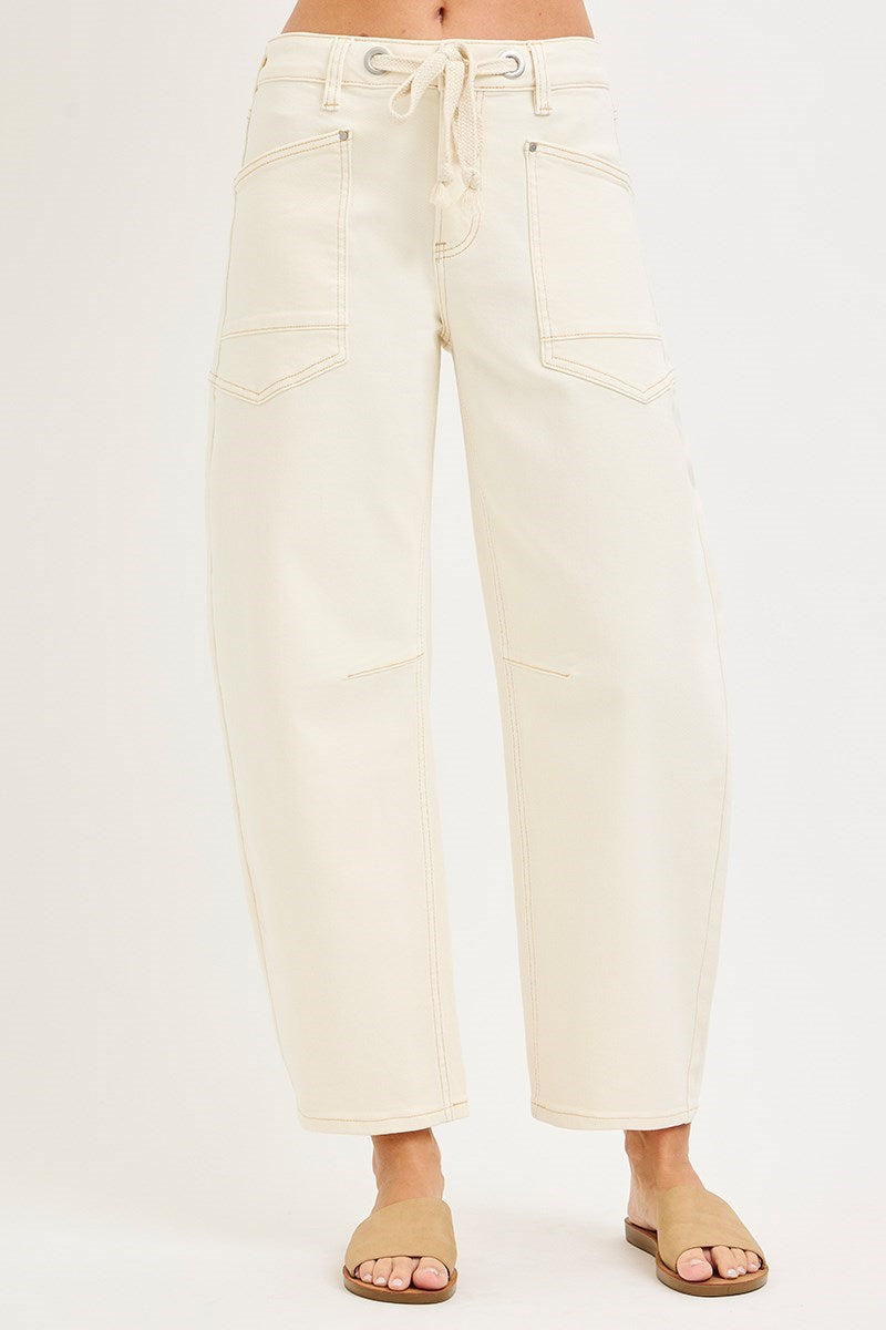 SLOUCHY CROP BARREL LEG PANTS WITH EYELET STRING