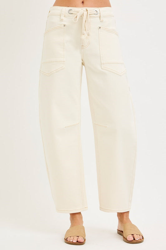 SLOUCHY CROP BARREL LEG PANTS WITH EYELET STRING