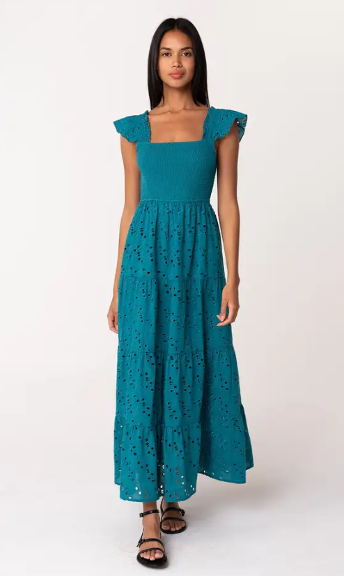 Embroidered Eyelet Smocked Tiered Maxi Dress