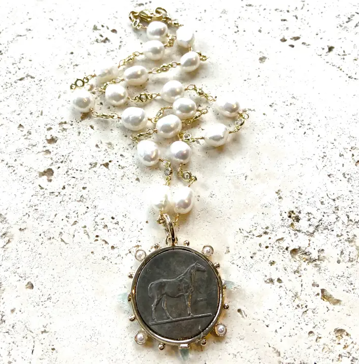 French Coin Medallion Equestrian Necklace