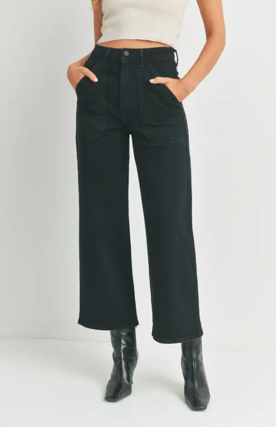 Black Cargo Pocket Wide Leg Jean