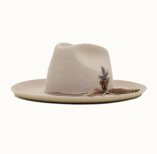 Western Cowboy Hat, 100% Wool Felt, Feather Trim