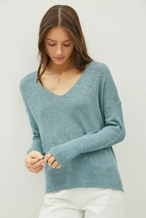 Heathered V-Neck Long Sleeve Sweater