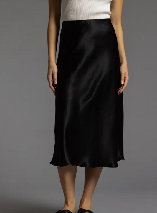 Black Satin Midi Skirt With Elastic Waist