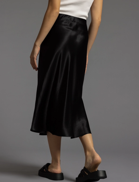 Black Satin Midi Skirt With Elastic Waist