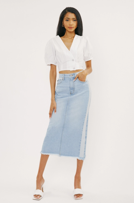 Zip Front Denim Skirt with Contrast