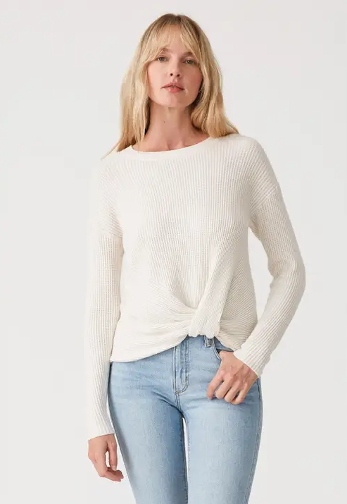 Waffle Knit Crew Neck Front Knot Pullover Sweater