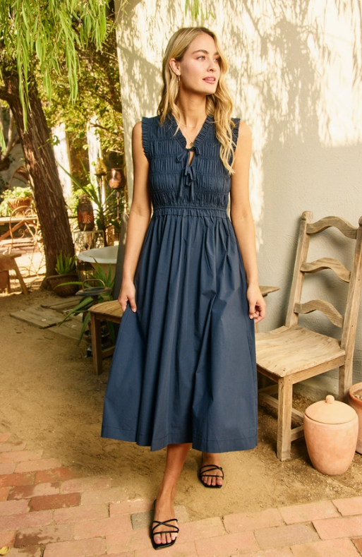 Front Tie Navy Midi Dress