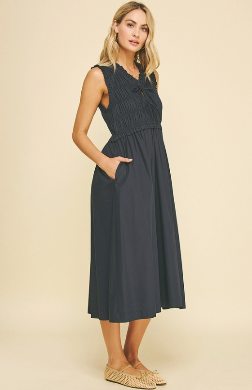 Front Tie Navy Midi Dress