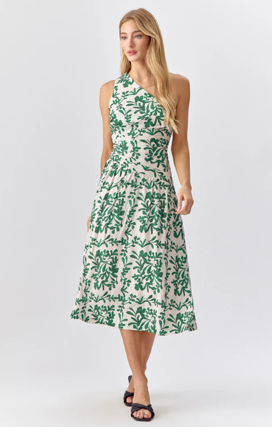 Cream and Green One Shoulder Dress
