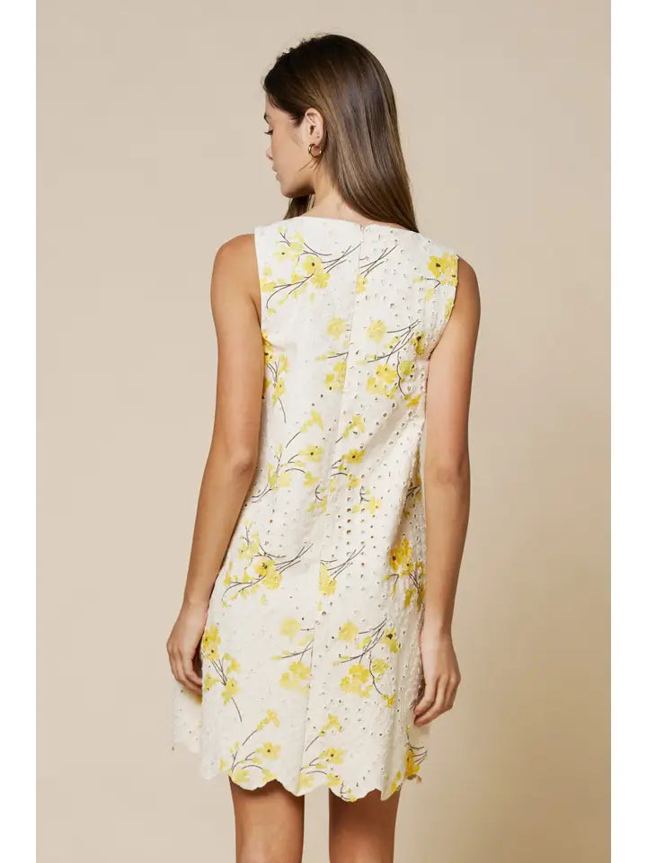 Floral Embroidered Eyelet Mini Shift Dress W/Scalloped Hem