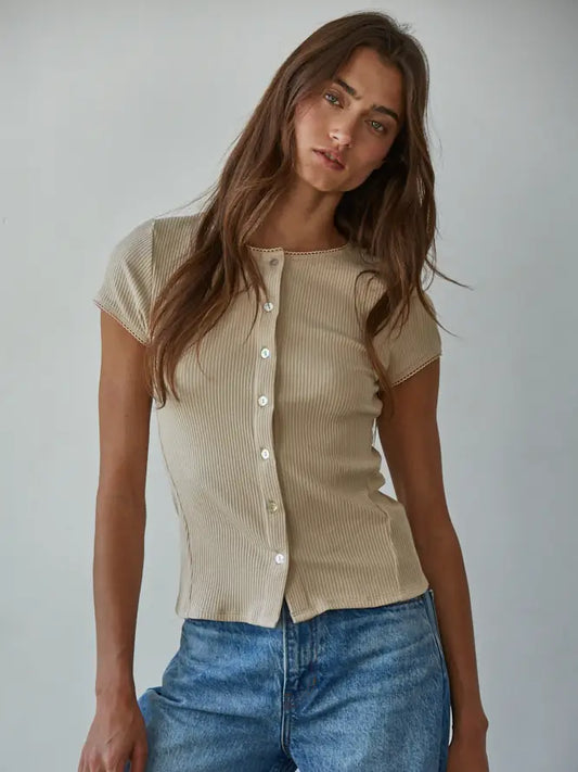 Knit Ribbed Buttondown Short Sleeve Cardigan Top