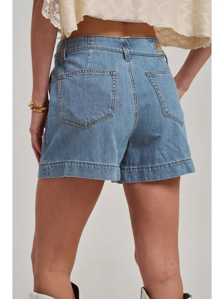 High Rise Denim Shorts with Strap Tie At the Waistband