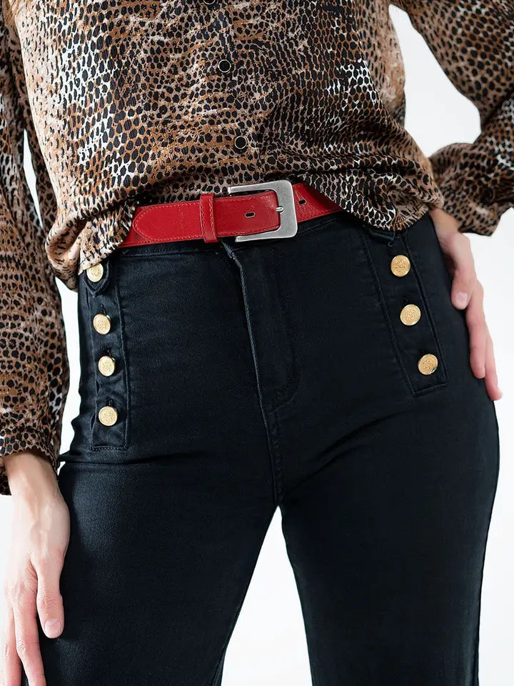 Straight Jeans with Gold Buttons At the Side