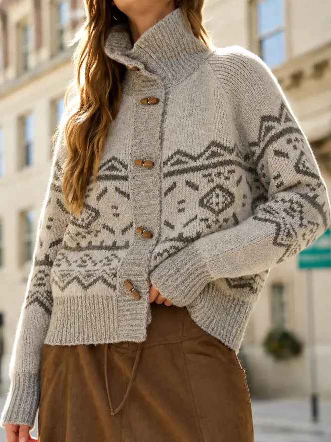 Light Taupe Fair Isle Knit Cardigan with Toggle Buttons