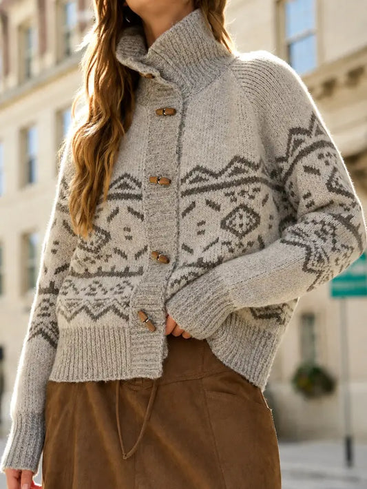 Light Taupe Fair Isle Knit Cardigan with Toggle Buttons