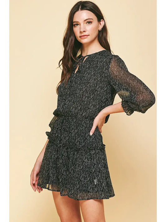 Dotted Ruffle 3/4 Dress - Black Dot