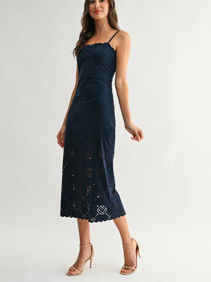 Laser-Cut Midi Dress with Scalloped
