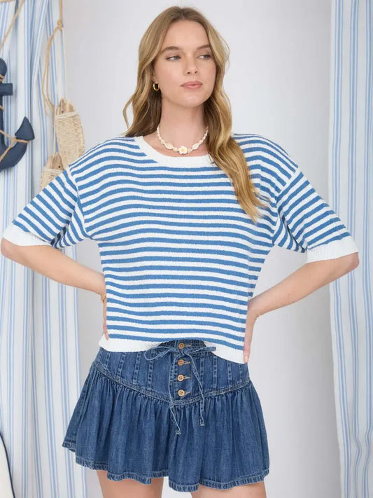 Stripe Contrast Trim Short Sleeve Knit Sweater