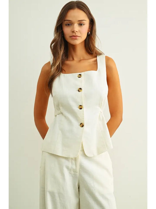 Square Neck Sleeveless Vest with Button Front