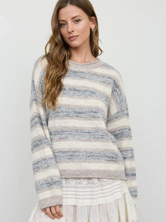 Heathered Multi-Stripe Raw Edge Knit Sweater