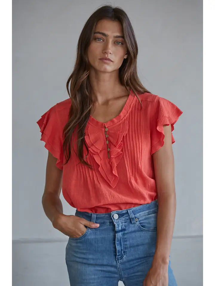 Woven Cotton Linen Button V-Neck Short Sleeve Top