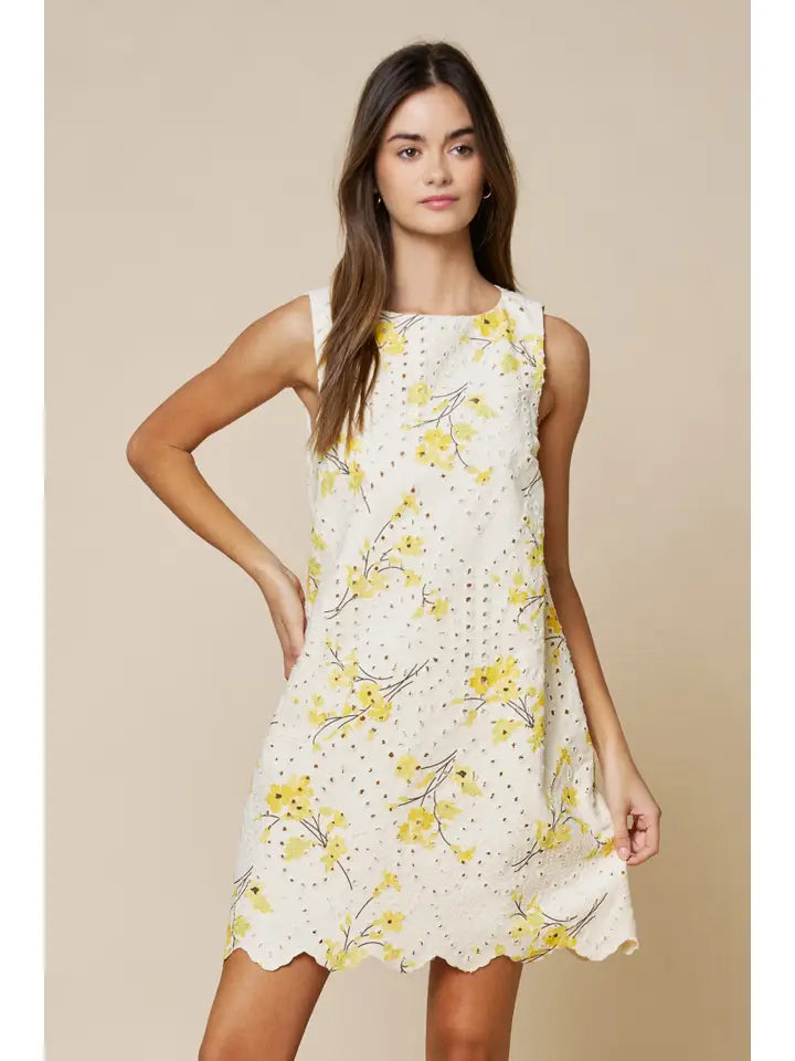Floral Embroidered Eyelet Mini Shift Dress W/Scalloped Hem