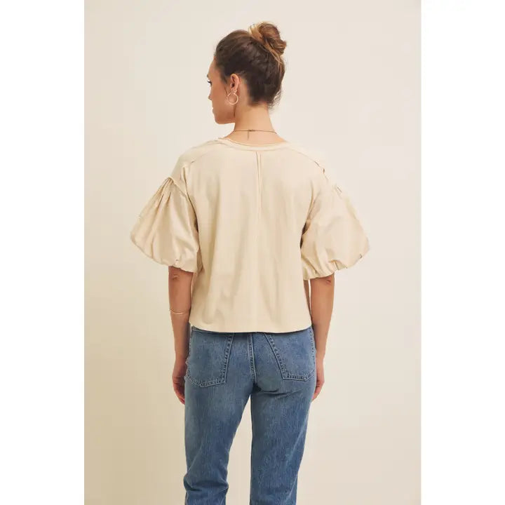 Oversized Cotton Jersey Top with Voluminous Bubble Sleeves