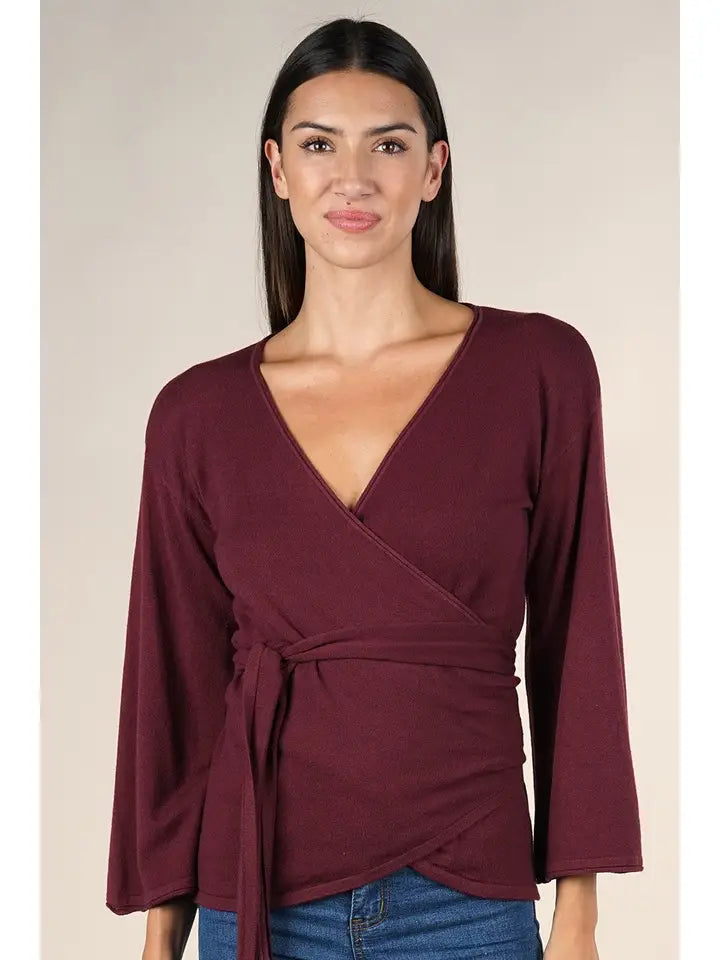 Dressy Wrap Bell Sleeve Pullover Sweater