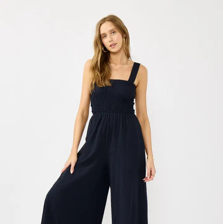Leg Smocked Bodice Sleeveless Jumpsuit
