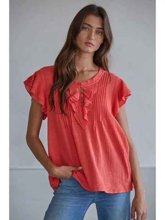 Woven Cotton Linen Button V-Neck Short Sleeve Top