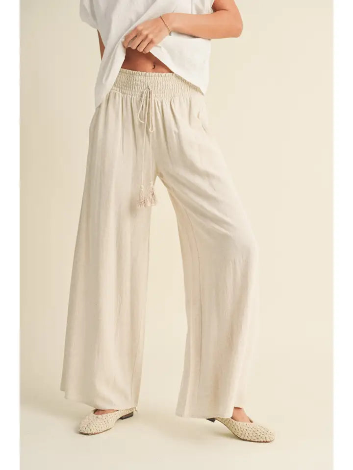 COTTON LINEN SMOCKED WAIST PANTS