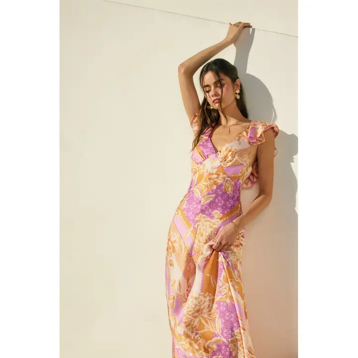 Riviera Bloom Flutter Detail Open Back Maxi Dress